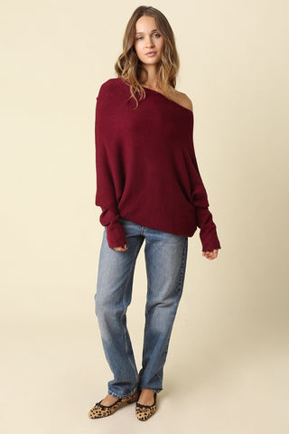 Alba Wine Asymmetric Off-Shoulder Dolman Knit Sweater - Outfit View