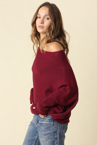 Alba Wine Asymmetric Off-Shoulder Dolman Knit Sweater - Side View
