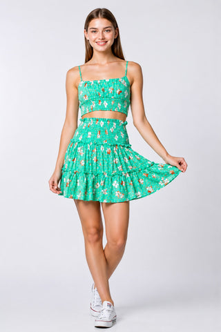 Ali Biscay Green Floral Print Smocked Two-Piece Dress Set - Outfit Set
