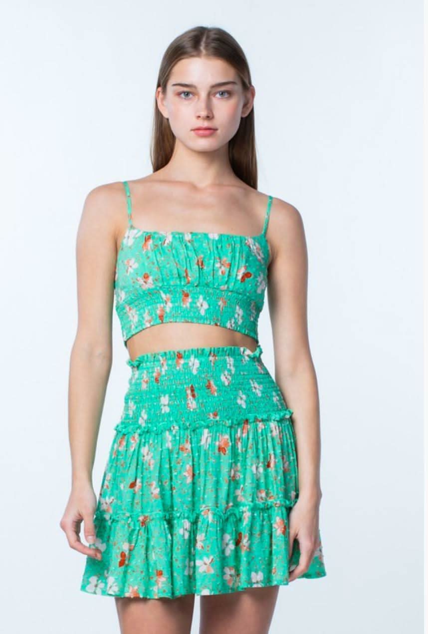 Green Floral Print Set - Two-Piece Dress Set| Boho Pink Green Floral Print Set - Two-Piece Dress Set| Boho Pink