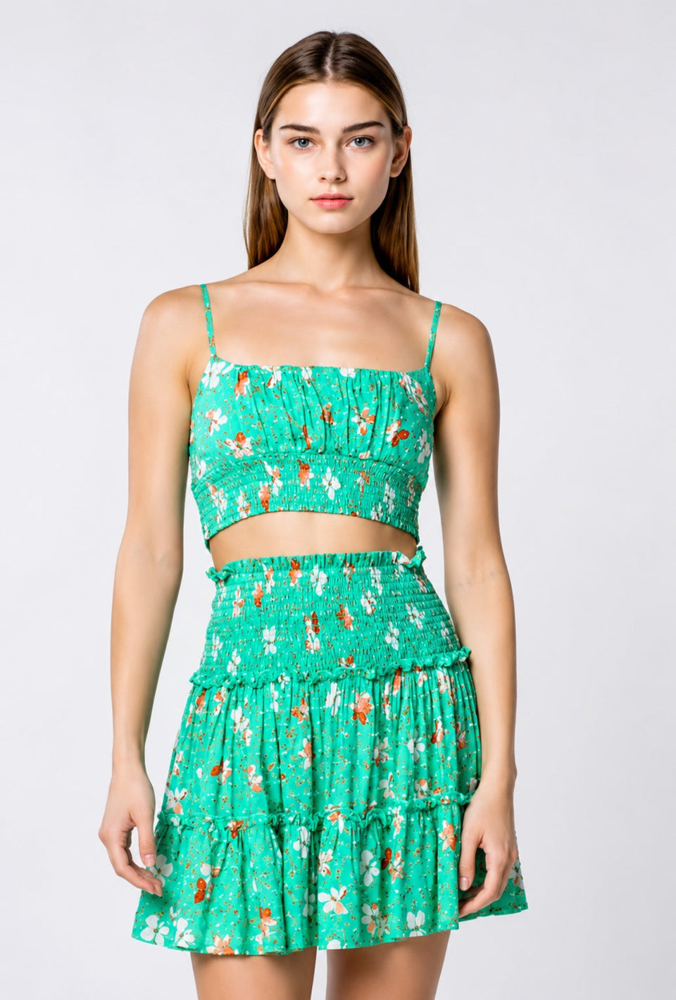 Ali Biscay Green Floral Print Smocked Two-Piece Dress Set - Front View