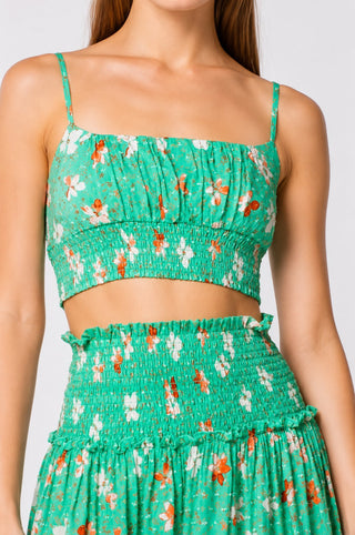 Ali Biscay Green Floral Print Smocked Two-Piece Dress Set - Detail View