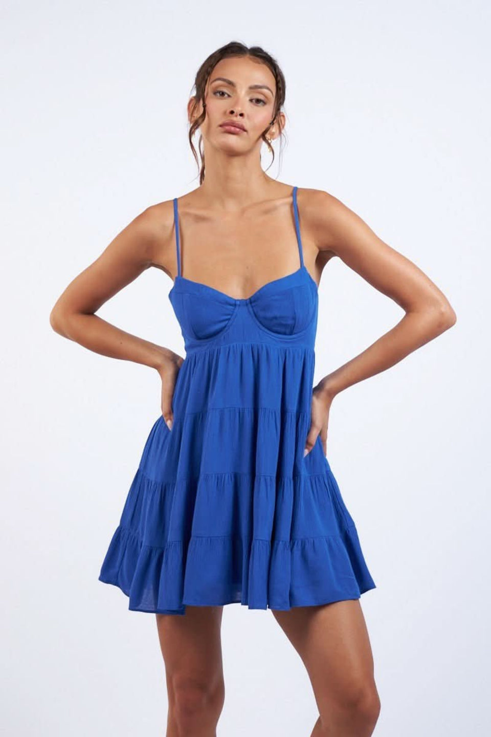 Persian blue tiered babydoll mini dress