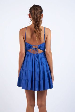 Cute Persian blue mini dress for vacations and parties - back view