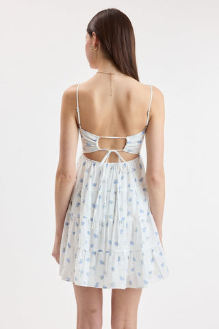 white and blue floral babydoll mini dress