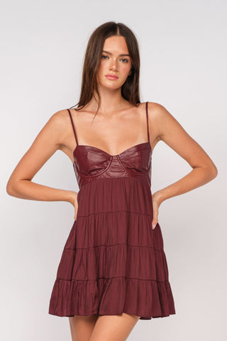 Allie Brick Vegan Leather Babydoll Mini Dress - Party Dresses Front View