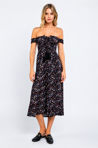 Allison Black Floral Off-the-Shoulder Culotte Jumpsuit front view