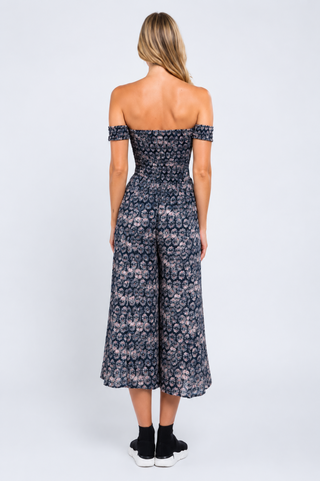 Allison Navy & Blush Off-the-Shoulder Culotte Jumpsuit back view