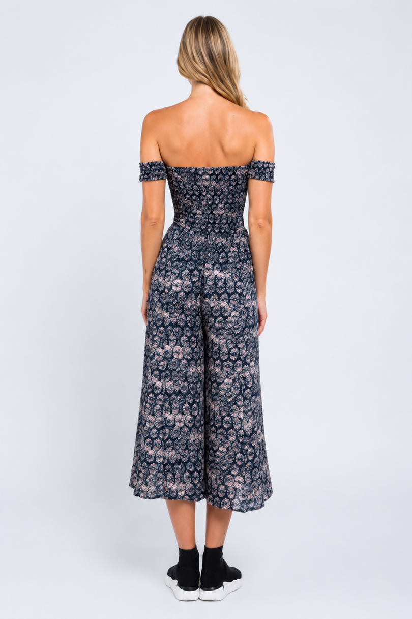 Allison Navy & Blush Off-the-Shoulder Culotte Jumpsuit back view