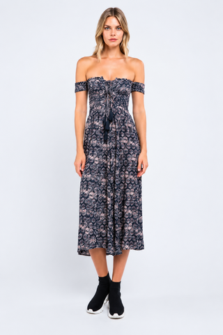 Allison Navy & Blush Off-the-Shoulder Culotte Jumpsuit outfit view
