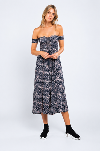 Allison Navy & Blush Off-the-Shoulder Culotte Jumpsuit styled for summer