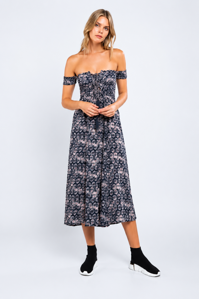 Allison Navy & Blush Off-the-Shoulder Culotte Jumpsuit styled for summer