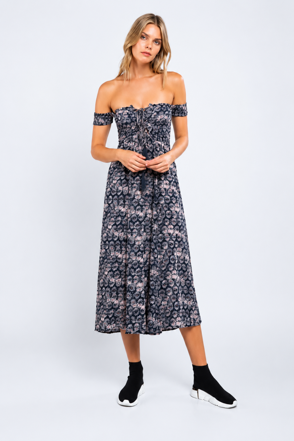 Allison Navy & Blush Off-the-Shoulder Culotte Jumpsuit styled for summer