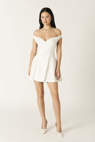 White off-shoulder corset mini dress front view