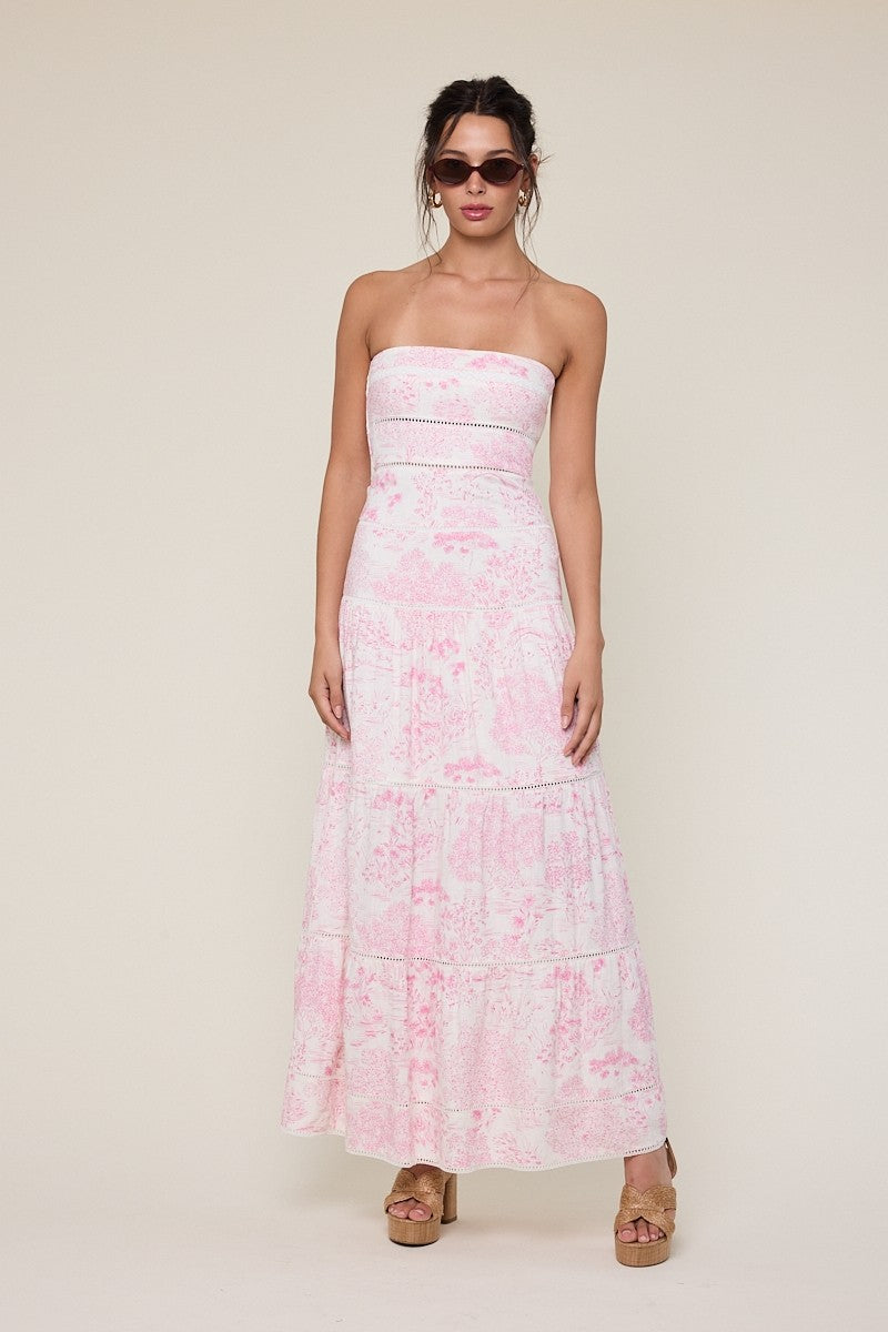 White and Pink Floral Tiered Boho Maxi Dress | Boho Pink White and Pink Floral Tiered Boho Maxi Dress | Boho Pink
