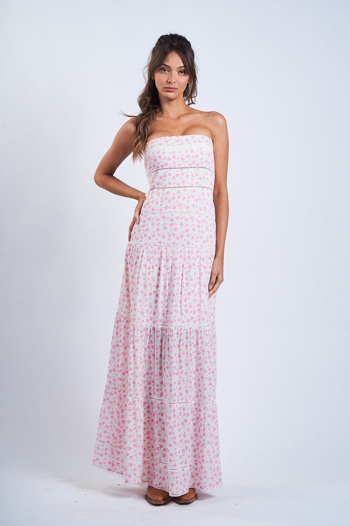 White and Pink Floral Maxi Dress