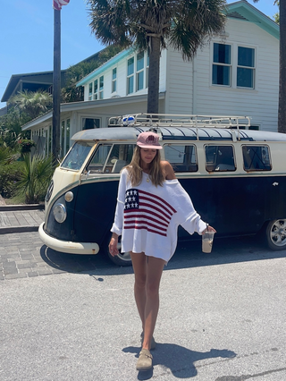 Land of Free White Oversized American Flag Sweater - Beach Cover-Up