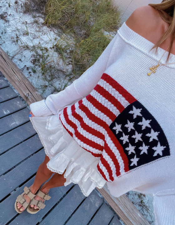 Close-up of red, white, and blue  stripe crochet pattern on American flag sweater