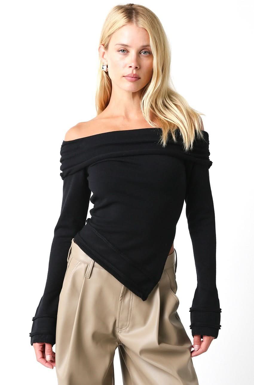 Olivaceous Andrea Black Off-Shoulder Sweater – Fitted Knit Top with Asymmetric Hem