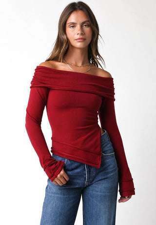 Andrea Red Off Shoulder Asymmetric Sweater Top - Front View 