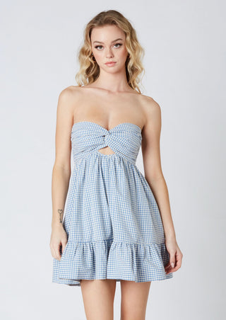 Blue and white gingham strapless babydoll romper dress with twist-front