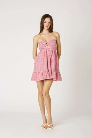Red gingham strapless babydoll romper dress 
