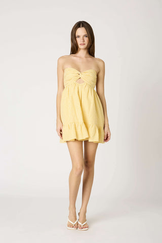 Yellow gingham strapless babydoll romper dress 