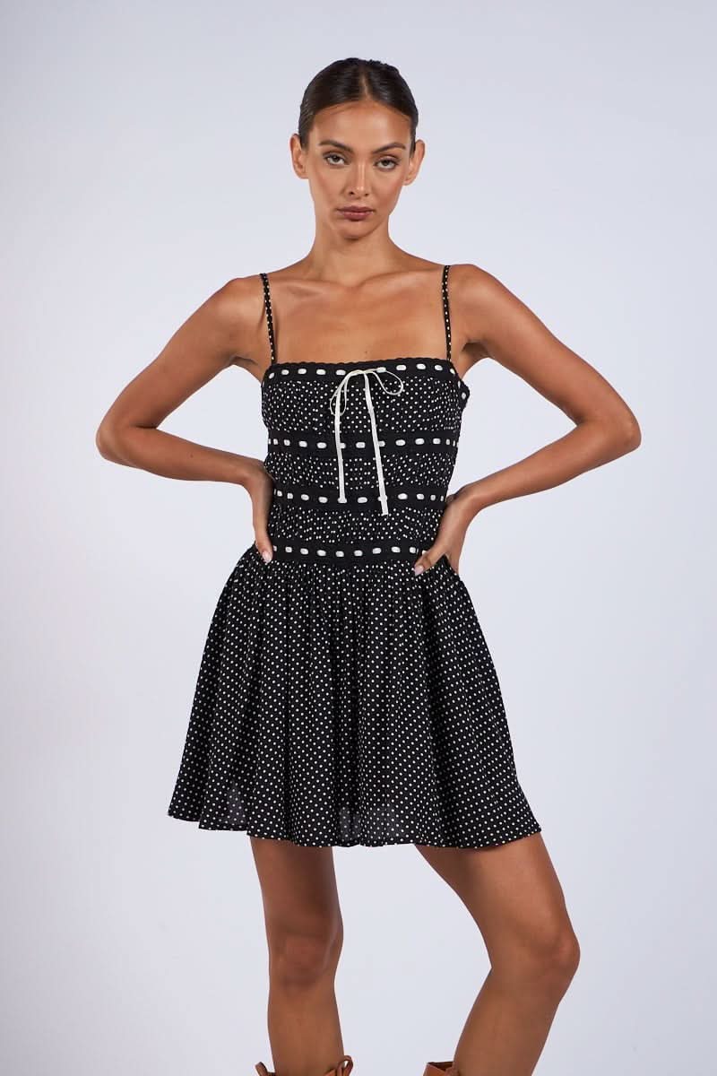 Black Polka Dot Flare Mini Dress - Preppy Ribbon Trim Sundress - M Black Polka Dot Flare Mini Dress - Preppy Ribbon Trim Sundress - M