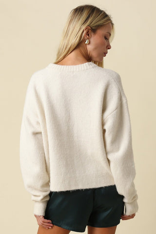 Ava Ecru Fuzzy Crew Neck Cardigan - Back View