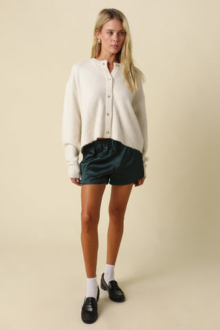 Ava Ecru Fuzzy Crew Neck Cardigan - Preppy Fall Style