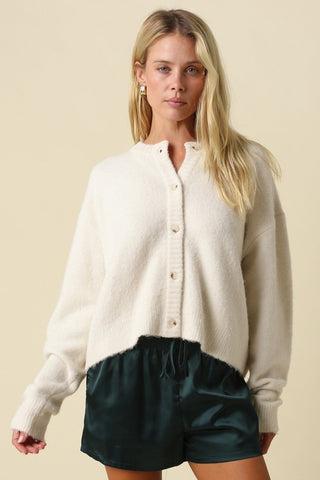 Ava Ecru Fuzzy Crew Neck Cardigan - Front View