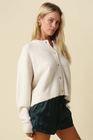 Ava Ecru Fuzzy Crew Neck Cardigan - Side View