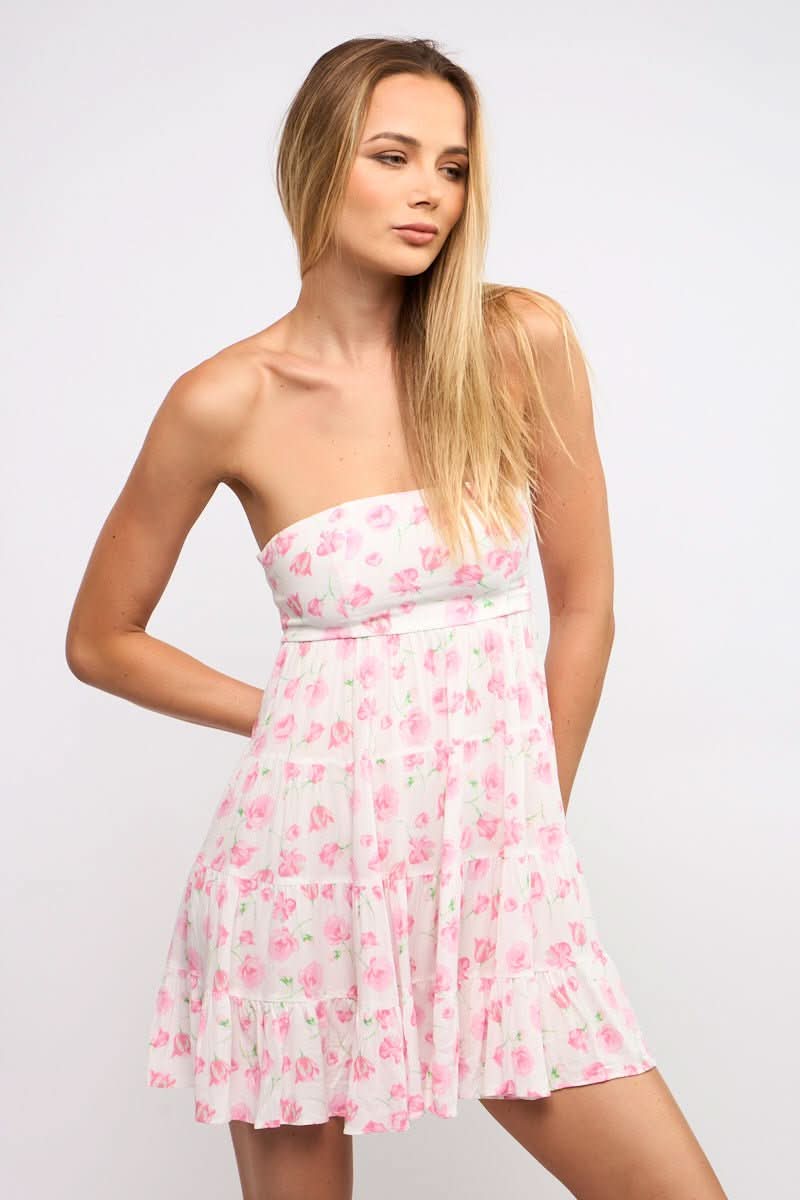 Avery Pink Rose Floral Strapless Mini Dress from our short graduation dresses