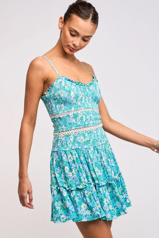Ayla Teal Blue Floral Smocked Mini Dress - Side Angle View 