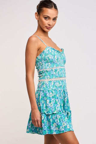 Ayla Teal Blue Floral Smocked Mini Dress Side View