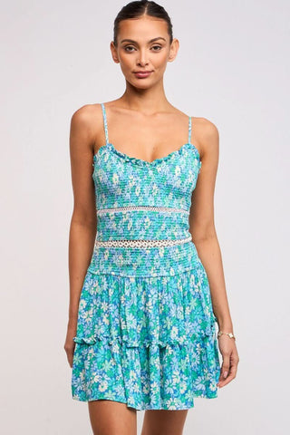 Ayla Teal Blue Floral Smocked Mini Dress front view | Boho Pink