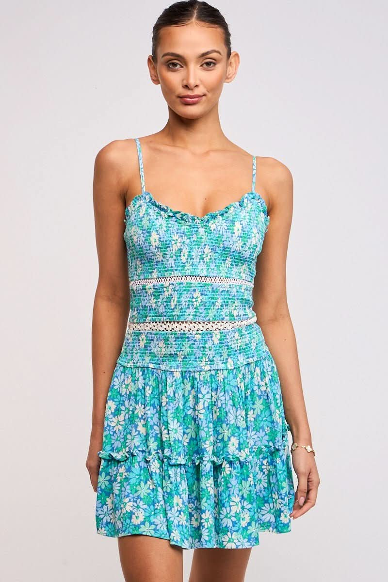 Ayla Teal Blue Floral Smocked Mini Dress a boho dress short.