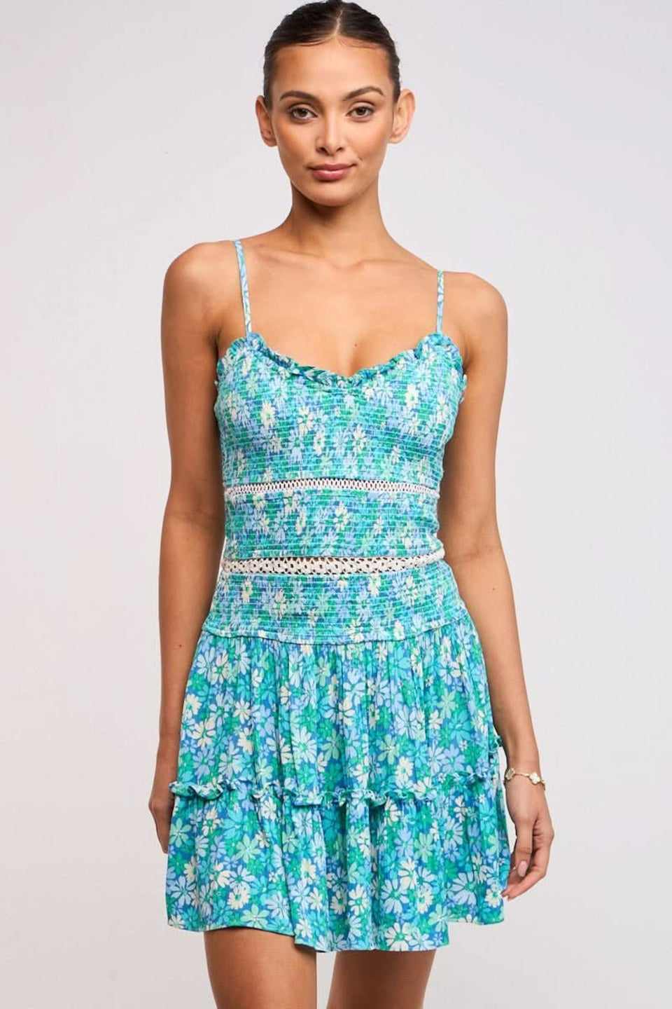 Ayla Teal Blue Floral Smocked Mini Dress front view | Boho Pink