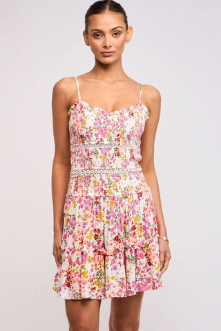Ayla Pink Floral Smocked Mini Dress - Front View