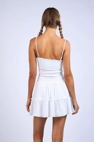 Ayla White Smocked Mini Dress back view | Boho Pink