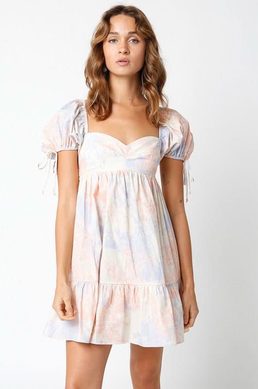 Olivaceous Jessie Blush and Blue Floral Babydoll Mini Dress - Size M - Sweetheart Neckline, Puffy Sleeves, Ruffle Hem Olivaceous Jessie Blush and Blue Floral Babydoll Mini Dress - Size M - Sweetheart Neckline, Puffy Sleeves, Ruffle Hem