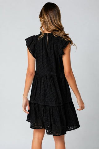 Dionne Black Eyelet Flutter Sleeve Dress - Back View