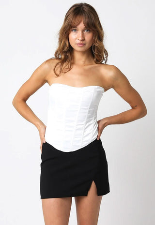 Outfit view of Back To Basics Black Micro Mini Skirt  with white corset top