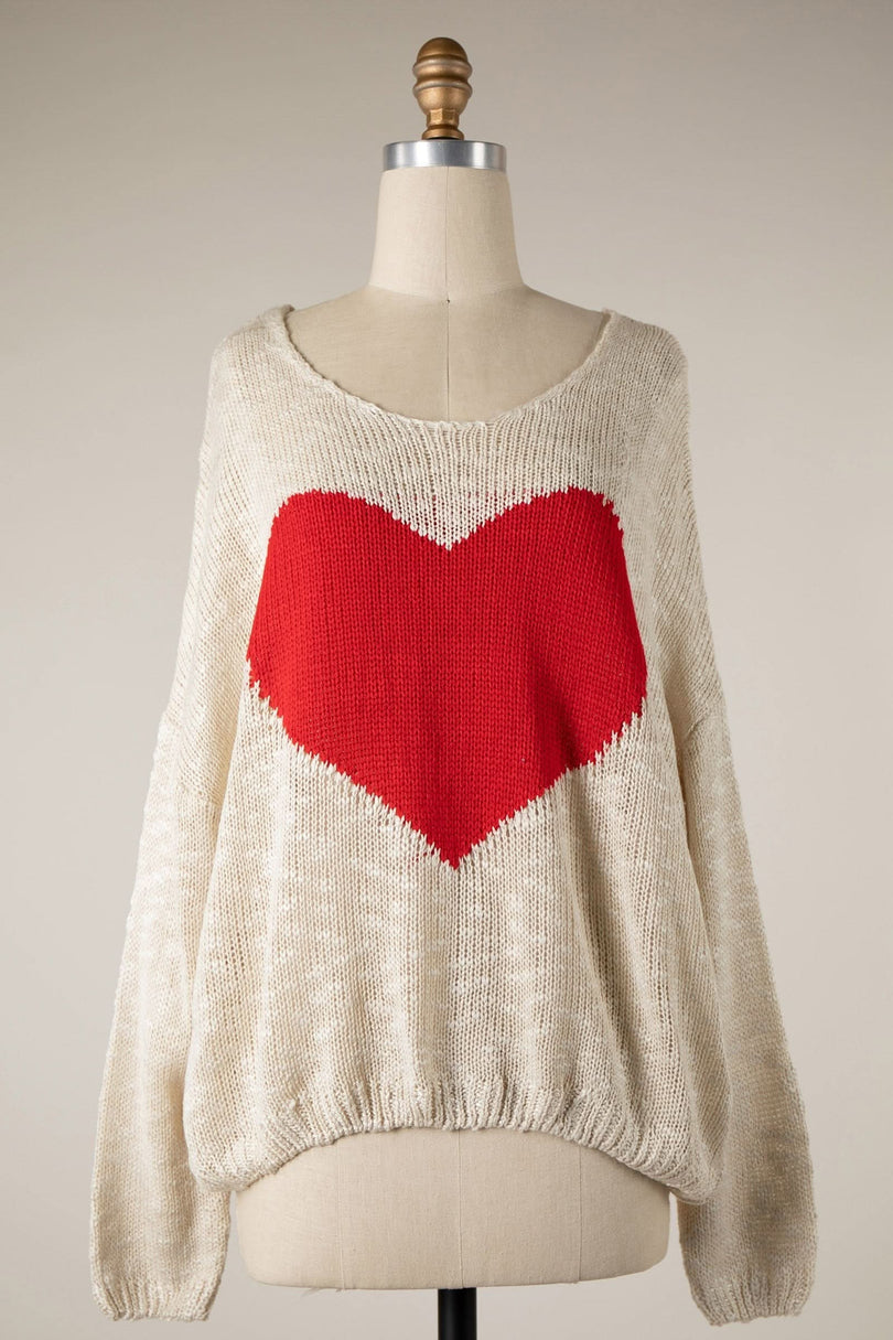 Beige and Red Heart Sweater