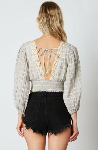 beige black striped crop top back tie detail