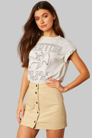 Tan corduroy button-up mini skirt front view