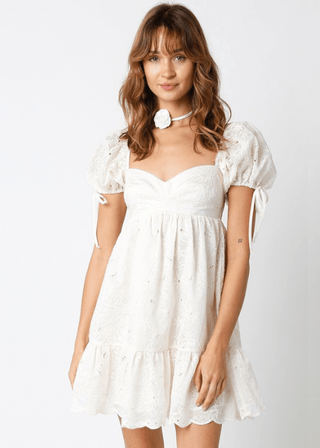 Beige Eyelet Puff Sleeve Dress