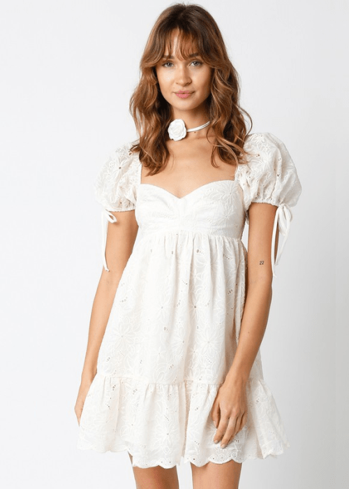 Beige Eyelet Puff Sleeve Dress