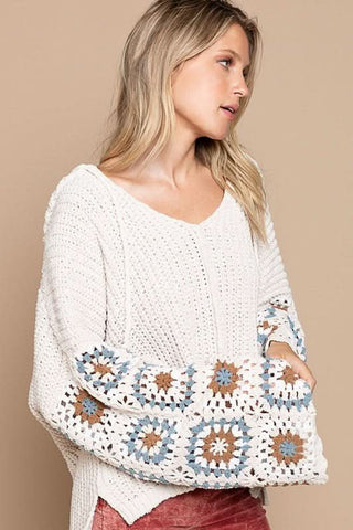 Cameron Beige Crochet Wide Bell Sleeve Sweater - Detailed Side View