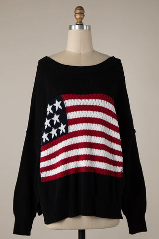 Black Oversized American Flag Sweater for Women